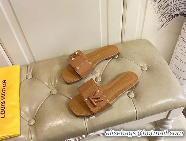 Good Quality Louis Vuitton Shake Flat Slide Sandals in Brown Patent Leather with LV Twist 030317