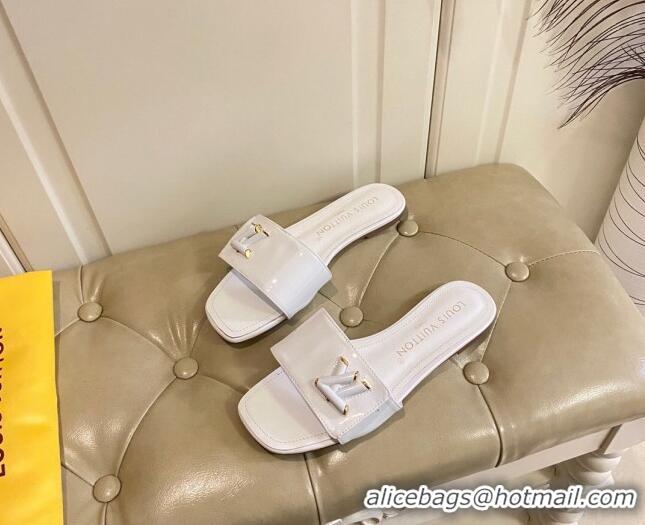 Unique Style Louis Vuitton Shake Flat Slide Sandals in White Patent Leather with LV Twist 030318