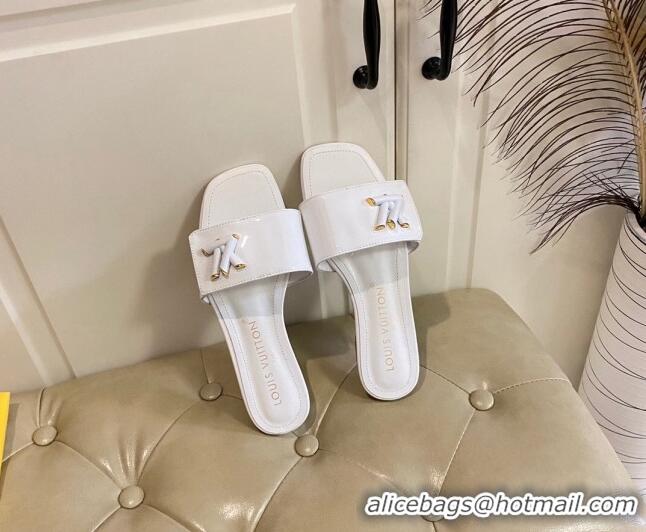 Unique Style Louis Vuitton Shake Flat Slide Sandals in White Patent Leather with LV Twist 030318