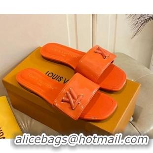 Good Product Louis Vuitton Shake Flat Slide Sandals in Orange Patent Leather with LV Twist 030319