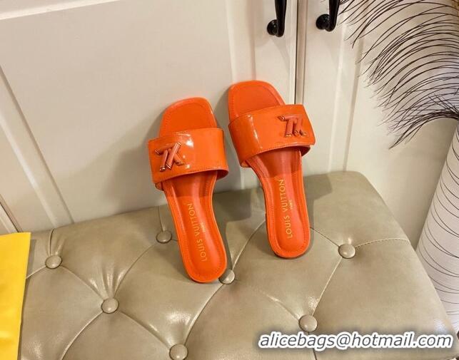 Good Product Louis Vuitton Shake Flat Slide Sandals in Orange Patent Leather with LV Twist 030319