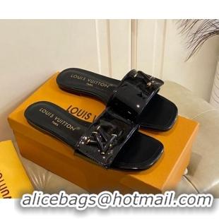 Best Grade Louis Vuitton Shake Flat Slide Sandals in Black Patent Leather with LV Twist 030320