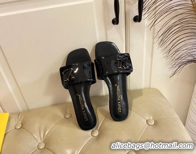 Best Grade Louis Vuitton Shake Flat Slide Sandals in Black Patent Leather with LV Twist 030320