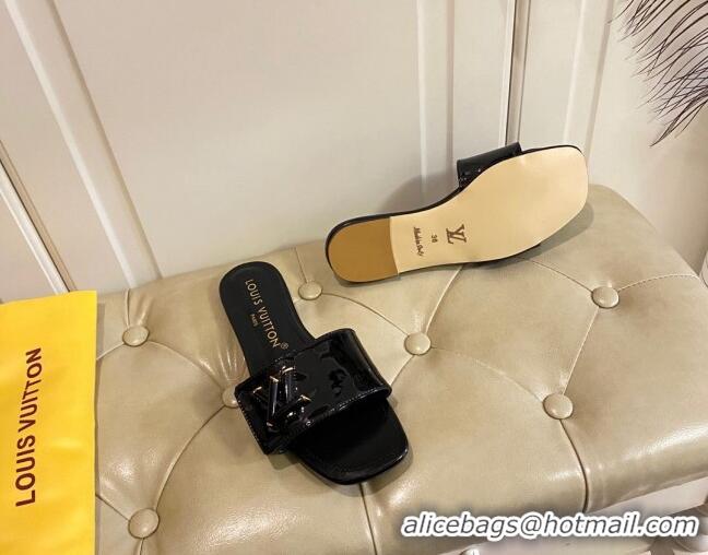 Best Grade Louis Vuitton Shake Flat Slide Sandals in Black Patent Leather with LV Twist 030320