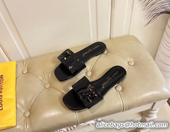 Best Grade Louis Vuitton Shake Flat Slide Sandals in Black Patent Leather with LV Twist 030320