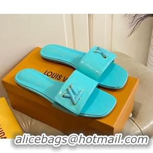 Best Price Louis Vuitton Shake Flat Slide Sandals in Light Blue Patent Leather with LV Twist 030321