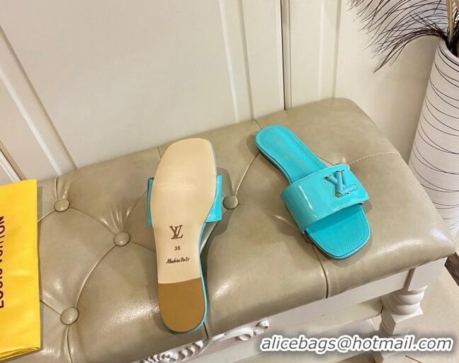 Best Price Louis Vuitton Shake Flat Slide Sandals in Light Blue Patent Leather with LV Twist 030321