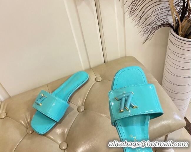 Best Price Louis Vuitton Shake Flat Slide Sandals in Light Blue Patent Leather with LV Twist 030321