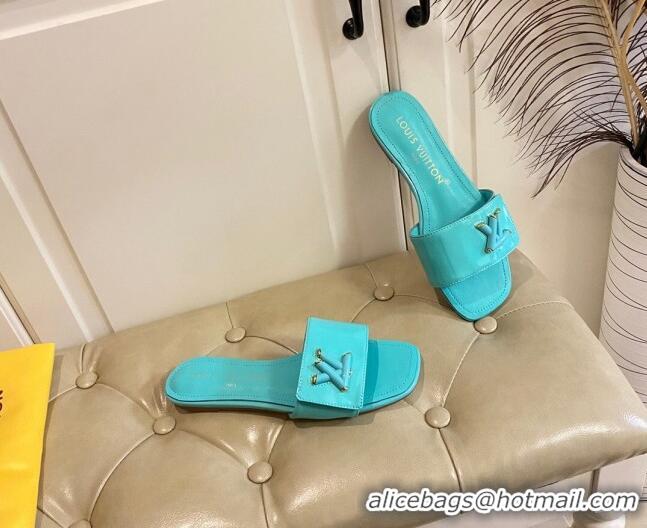 Best Price Louis Vuitton Shake Flat Slide Sandals in Light Blue Patent Leather with LV Twist 030321