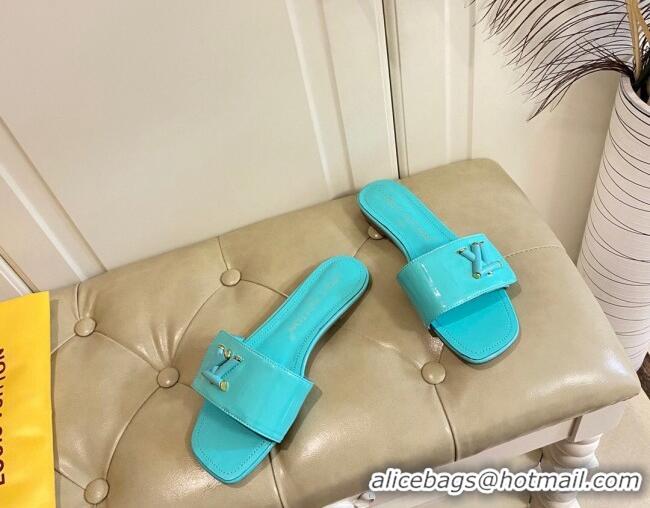 Best Price Louis Vuitton Shake Flat Slide Sandals in Light Blue Patent Leather with LV Twist 030321