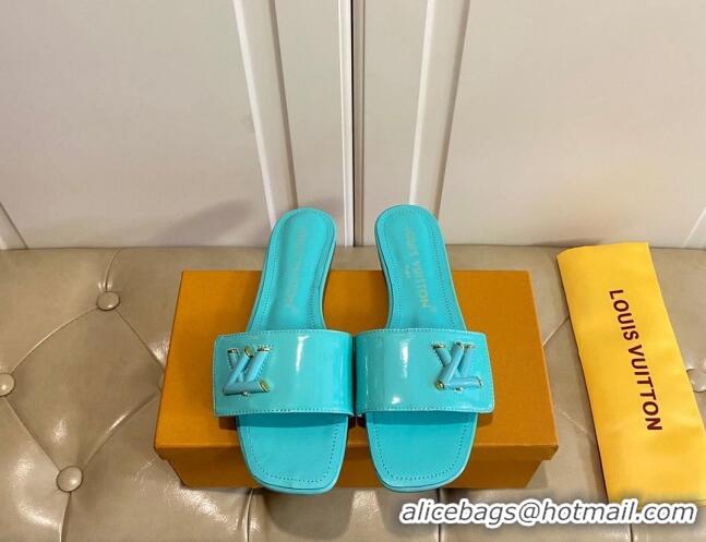 Best Price Louis Vuitton Shake Flat Slide Sandals in Light Blue Patent Leather with LV Twist 030321