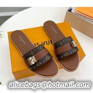 Best Grade Louis Vuitton Lock It Flat Slide Sandals in Monogram Canvas Brown 0322011