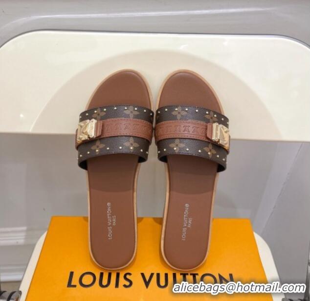 Best Grade Louis Vuitton Lock It Flat Slide Sandals in Monogram Canvas Brown 0322011