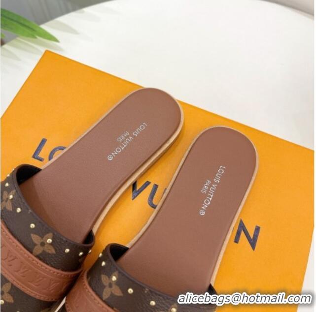 Best Grade Louis Vuitton Lock It Flat Slide Sandals in Monogram Canvas Brown 0322011