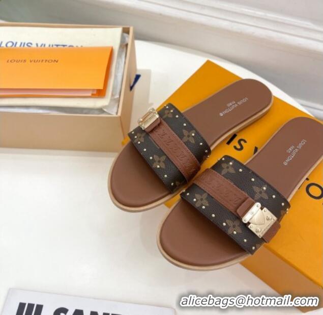 Best Grade Louis Vuitton Lock It Flat Slide Sandals in Monogram Canvas Brown 0322011