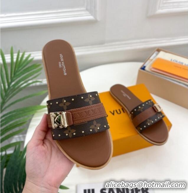 Best Grade Louis Vuitton Lock It Flat Slide Sandals in Monogram Canvas Brown 0322011