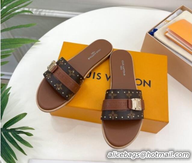 Best Grade Louis Vuitton Lock It Flat Slide Sandals in Monogram Canvas Brown 0322011