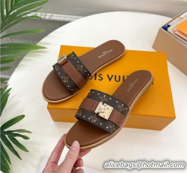 Best Grade Louis Vuitton Lock It Flat Slide Sandals in Monogram Canvas Brown 0322011