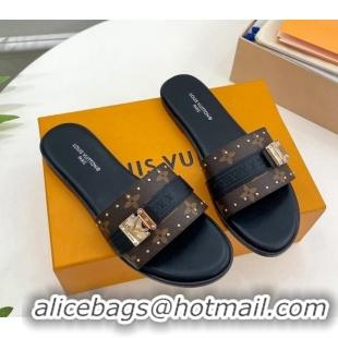 Perfect Louis Vuitton Lock It Flat Slide Sandals in Monogram Canvas Black 0322012