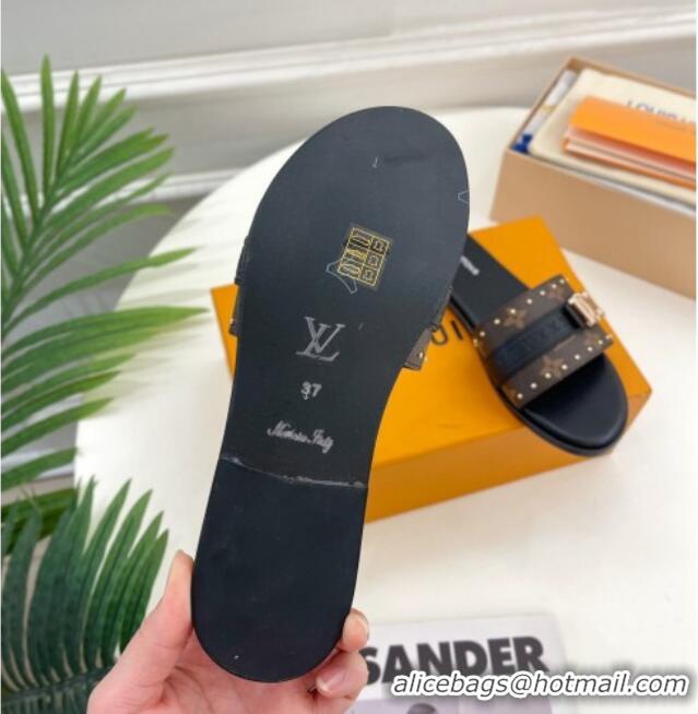 Perfect Louis Vuitton Lock It Flat Slide Sandals in Monogram Canvas Black 0322012