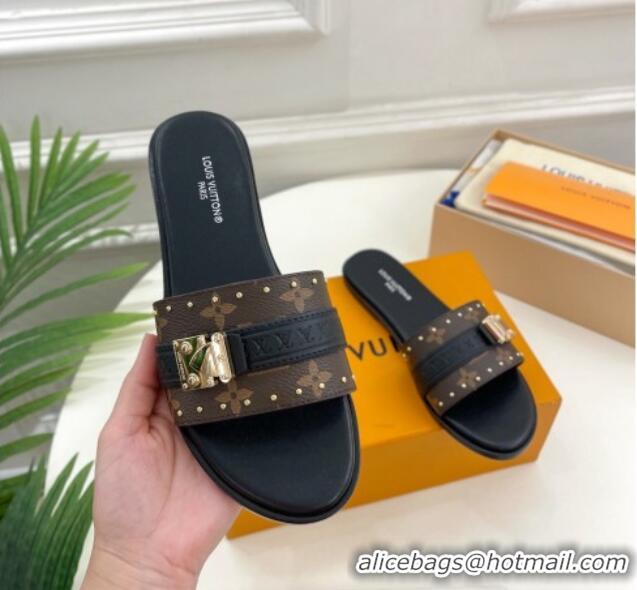 Perfect Louis Vuitton Lock It Flat Slide Sandals in Monogram Canvas Black 0322012