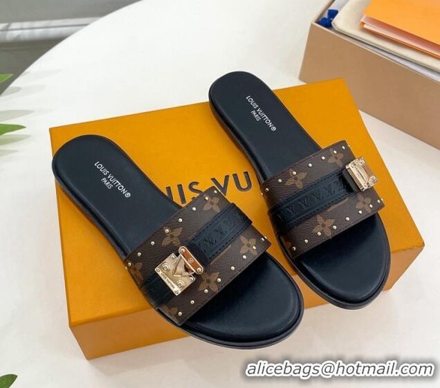 Perfect Louis Vuitton Lock It Flat Slide Sandals in Monogram Canvas Black 0322012