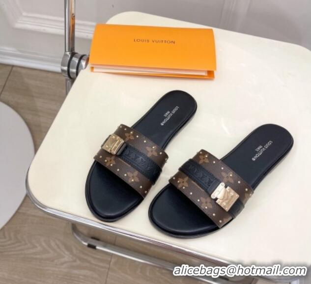 Perfect Louis Vuitton Lock It Flat Slide Sandals in Monogram Canvas Black 0322012