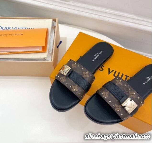 Perfect Louis Vuitton Lock It Flat Slide Sandals in Monogram Canvas Black 0322012