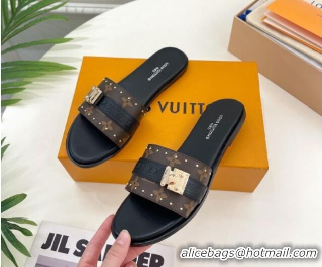 Perfect Louis Vuitton Lock It Flat Slide Sandals in Monogram Canvas Black 0322012