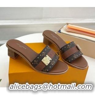 Good Product Louis Vuitton Lock It Heel Slide Sandals 4.5cm in Monogram Canvas Brown 322013