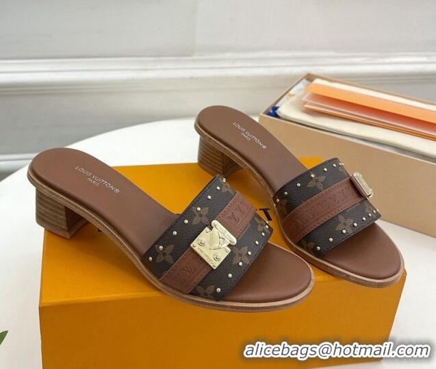 Good Product Louis Vuitton Lock It Heel Slide Sandals 4.5cm in Monogram Canvas Brown 322013