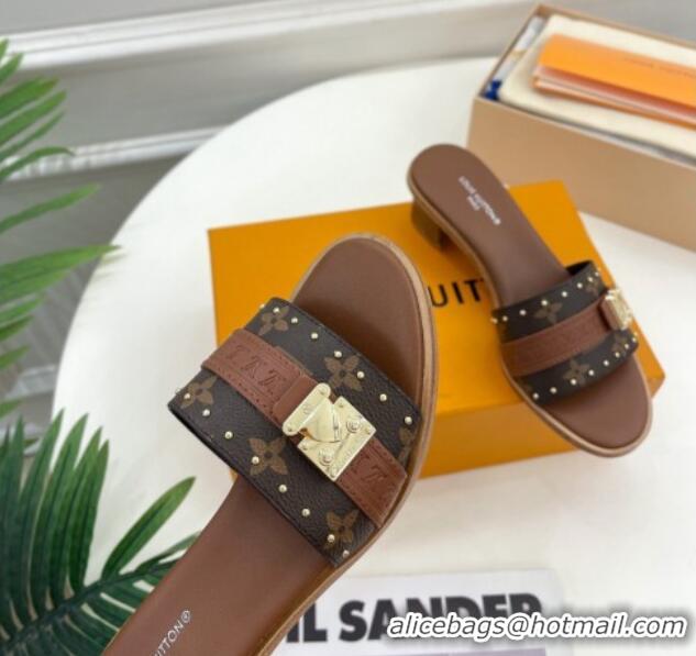 Good Product Louis Vuitton Lock It Heel Slide Sandals 4.5cm in Monogram Canvas Brown 322013