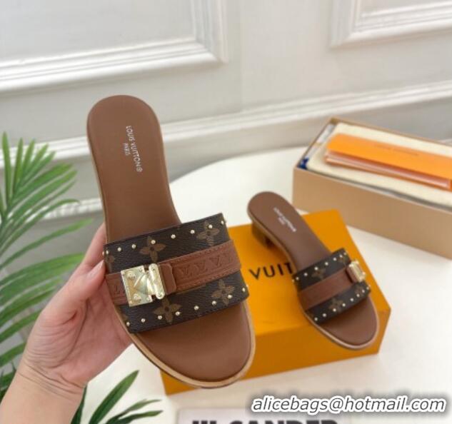 Good Product Louis Vuitton Lock It Heel Slide Sandals 4.5cm in Monogram Canvas Brown 322013