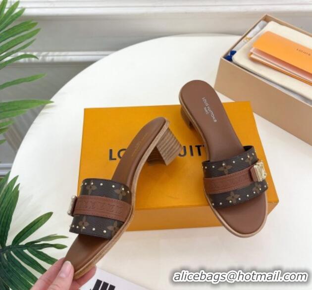 Good Product Louis Vuitton Lock It Heel Slide Sandals 4.5cm in Monogram Canvas Brown 322013