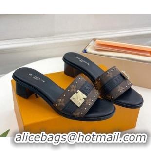 Sumptuous Louis Vuitton Lock It Heel Slide Sandals 4.5cm in Monogram Canvas Black 30322014