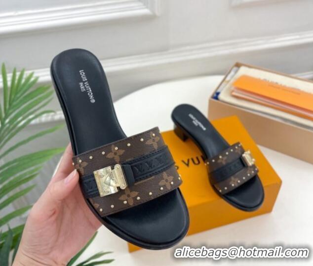 Sumptuous Louis Vuitton Lock It Heel Slide Sandals 4.5cm in Monogram Canvas Black 30322014