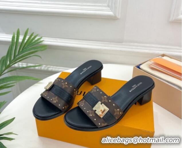 Sumptuous Louis Vuitton Lock It Heel Slide Sandals 4.5cm in Monogram Canvas Black 30322014