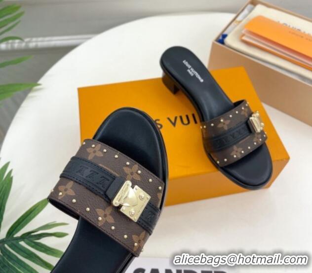 Sumptuous Louis Vuitton Lock It Heel Slide Sandals 4.5cm in Monogram Canvas Black 30322014