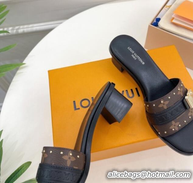 Sumptuous Louis Vuitton Lock It Heel Slide Sandals 4.5cm in Monogram Canvas Black 30322014