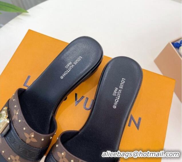 Sumptuous Louis Vuitton Lock It Heel Slide Sandals 4.5cm in Monogram Canvas Black 30322014