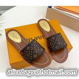 Classic Hot Louis Vuitton Lock It Flat Slide Sandals in Studded Monogram Canvas 0322015