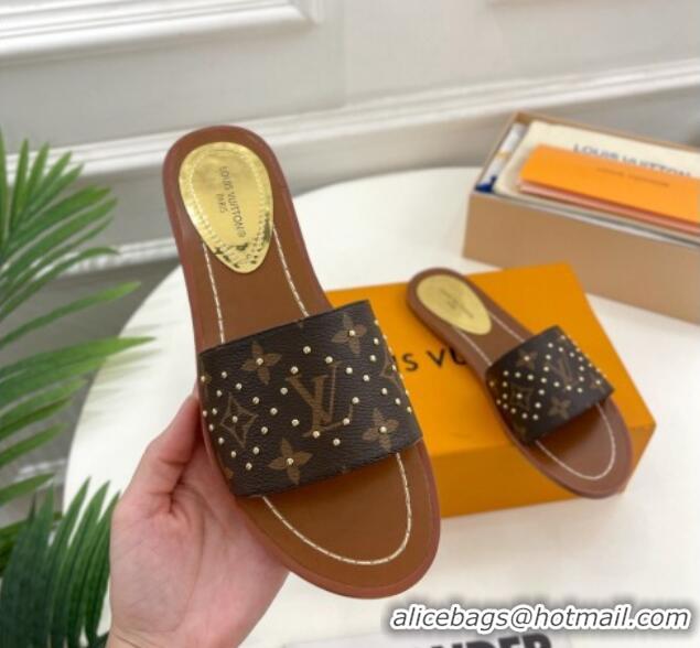 Classic Hot Louis Vuitton Lock It Flat Slide Sandals in Studded Monogram Canvas 0322015