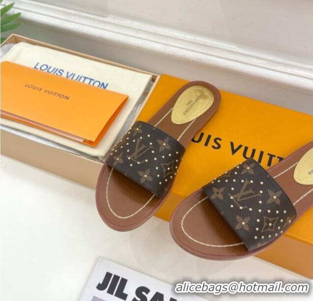 Classic Hot Louis Vuitton Lock It Flat Slide Sandals in Studded Monogram Canvas 0322015