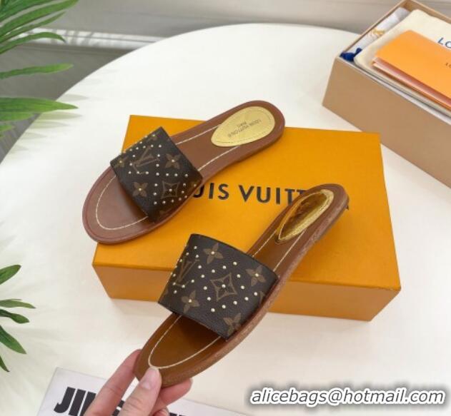 Classic Hot Louis Vuitton Lock It Flat Slide Sandals in Studded Monogram Canvas 0322015