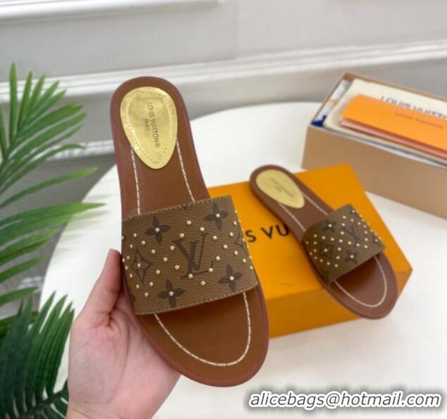 Good Quality Louis Vuitton Lock It Flat Slide Sandals in Studded Monogram Reverse Canvas 0322016