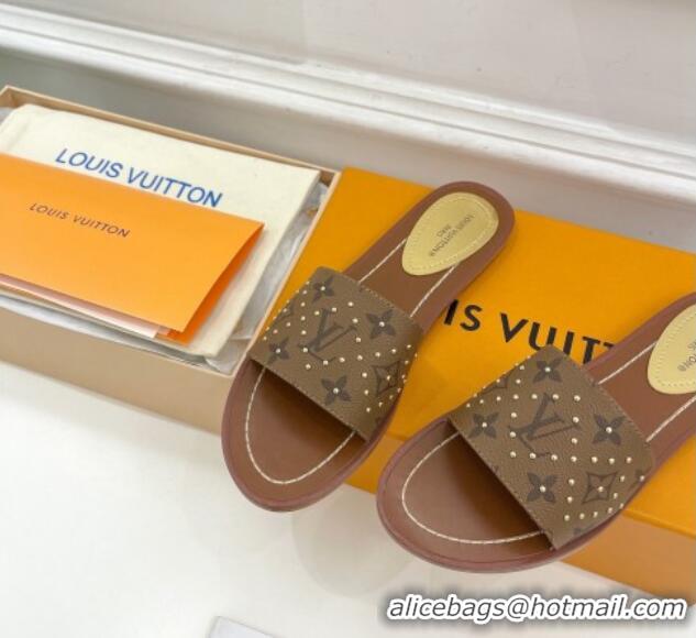 Good Quality Louis Vuitton Lock It Flat Slide Sandals in Studded Monogram Reverse Canvas 0322016