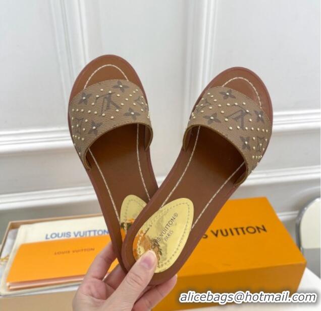 Good Quality Louis Vuitton Lock It Flat Slide Sandals in Studded Monogram Reverse Canvas 0322016