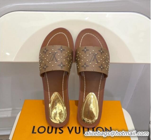 Good Quality Louis Vuitton Lock It Flat Slide Sandals in Studded Monogram Reverse Canvas 0322016