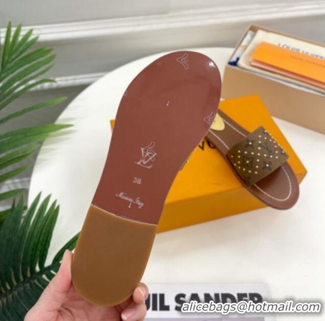 Good Quality Louis Vuitton Lock It Flat Slide Sandals in Studded Monogram Reverse Canvas 0322016