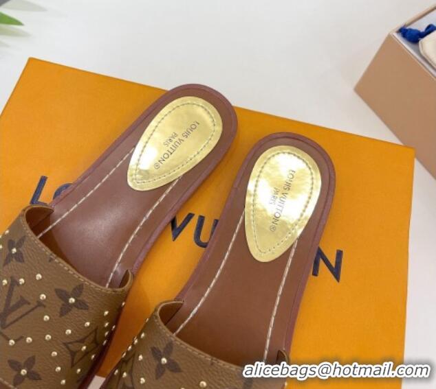 Good Quality Louis Vuitton Lock It Flat Slide Sandals in Studded Monogram Reverse Canvas 0322016